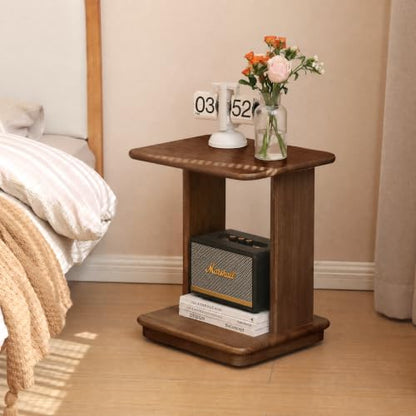 100% Solid Wood C-Shaped End Table for Couch, Rolling Side Table with Wheels, C Table for Small Space, Living Room, Bedroom, Walnut Finish, 19.69" H - color: Walnut-19.69"h