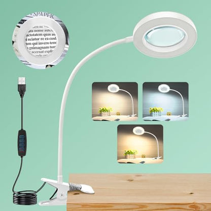 10X Magnifying Glass with Light, Clip on Mganifier with Light, 48 LED Desk Magnifying Glass wtih Clamp, 3 Modes Dimmable Magnifying LED Lamps for Bed Work Crafts DIY Repair White - color: White