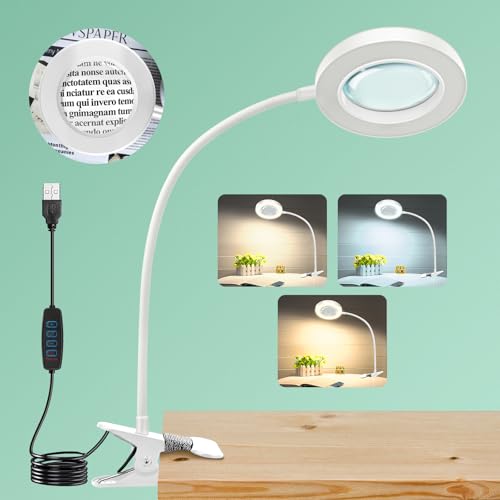 10X Magnifying Glass with Light, Clip on Mganifier with Light, 48 LED Desk Magnifying Glass wtih Clamp, 3 Modes Dimmable Magnifying LED Lamps for Bed Work Crafts DIY Repair White - color: White