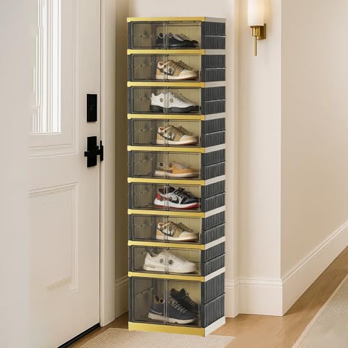 SYNCVIBE Foldable Shoe Rack, 9-Tier, 18 Pairs, 17.3" Wide, Black Gold | Foldable Shoe Organizer, Collapsible Shoe Cabinet with Doors, Stackable Shoe Shelves for Closet, Entryway and Living Room - size: 9 Tiers -18 Pairs Black Gold