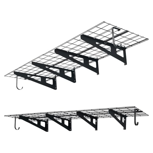 VEVOR 2-Pack Heavy Duty Garage Wall Shelving, 2 x 6 ft Steel Wall Mounted Shelving Unit with Hooks, 24 x 72 Inch Per Shelf Floating Storage Metal Rack, 1000 lbs Total Weight Capacity - size: 2×6 ft