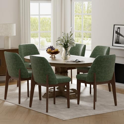 VKNOW Dining Chairs Set of 6, Faux Leather Wooden Kitchen Chairs, Green | Modern Upholstered Side Chair with Rubberwood Legs for Kitchen Dining Room Restaurant, No Wobble - color: Green, size: Set of 6