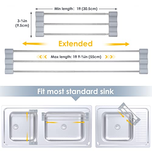 Tomorotec Adjustable Over-The-Sink Kitchen Rack, BPA-Free, Gray | Holds 16.5 Lbs; For Dishcloths, Sponges, and Brushes - Heat-Resistant Stainless Steel with Slim, Expandable Design - color: Light Gray