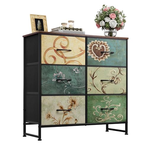 WLIVE Dresser for Bedroom with 6 Drawers, Floral Painted | Closet Dresser, Metal Frame, Wooden Top, Fabric Dresser for Closet, Living Room, Hallway - color: Floral Painted