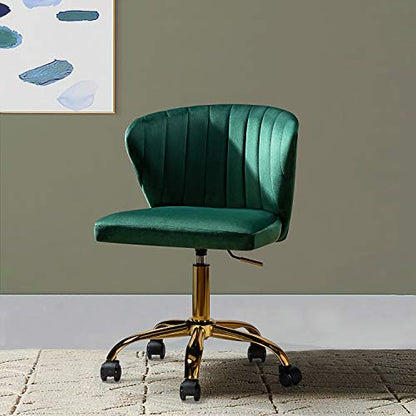 TINA'S HOME Office Desk Chairs with Wheels & Gold Base, Modern Velvet Cute Armless Office Chair, Adjustable Low Back Swivel Rolling Chair, Upholstered Task Chair for Living Room Vanity Study-Green | Modern Velvet Cute Armless Office Chair, Adjustable Low