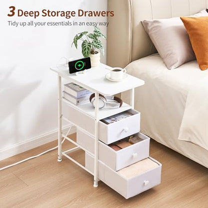 Narrow End Table with Charging Station, Narrow Side Table with 3 Fabric Drawers, Slim Nightstand with LED Light, Small Table with Storage, Living Room, Bedroom, White HKET1303WT - color: White, size: 11.8" W x 23.6" D, style: Power + Light