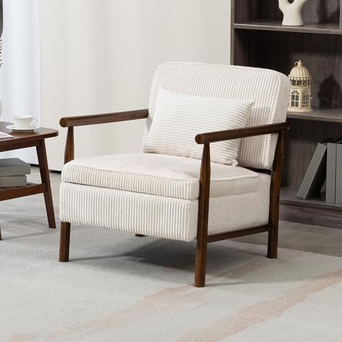 Accent Chair, Comfy Modern Lounge Reading Arm Chair with Storage | Corduroy Upholstered Lounge Arm Chair with Solid Wood Reading for Living Room/Balcony/Bedroom-White - color: Storage-corduroy-white