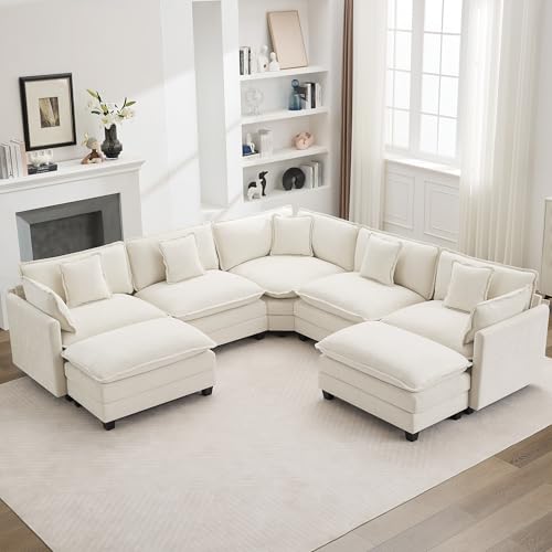 113'' V Shaped Sectional Cloud Couch, Modular Sofas for Living Room, Beige | Deep Seat Cloud Oversized V Shaped Sectional, Modular Sofa with Movable Ottoman, Upholstered Chenille Couches for Living Room - color: Beige, size: 113'' V Shaped+2 Ottoman