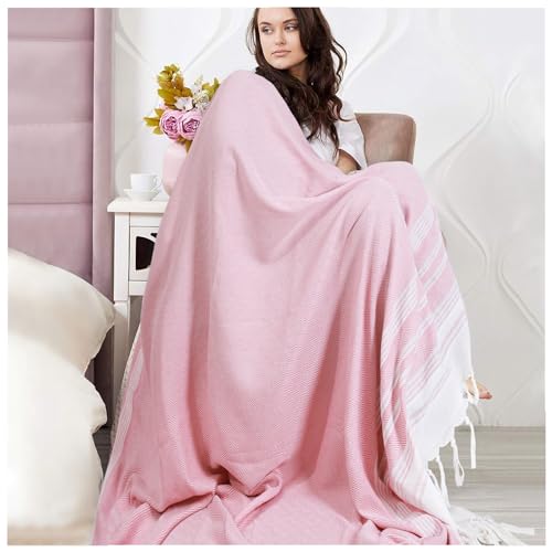 Genovega Extra Large Cotton Throw Blanket Queen Full Size Quilt Blanket Thin Lightweight Cooling Blanket for Hot Sleeper Items Breathable Comforter Summer Ice Cold Bedspread Linen Bed Sheet - color: Pink, size: Giant Large 82''x88''