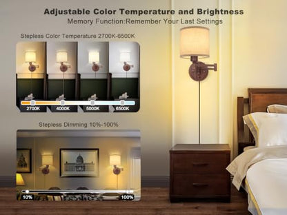 GOODATE Plug in Wall Sconces with Remote Control, Dimming & Adjustable Colors 2700K-6500K, Hardwire or Plug-in, Swing Arm Wall Lamp, Wall Sconces Set of Two, Linen Fabric Shade, Walnut Finish - color: Walnut & Linen