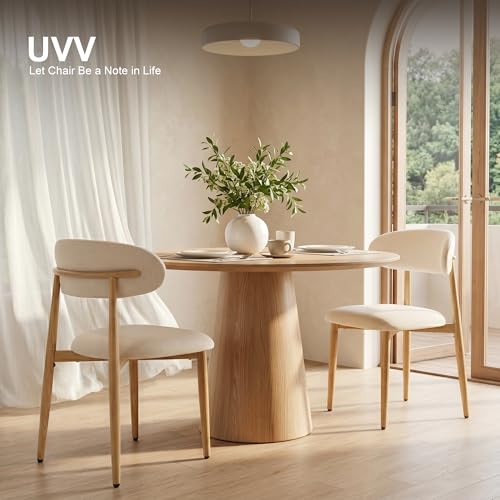 UVV Dining Chairs Set of 4, Metal Kitchen Chairs with Modern Fabric Upholstered for Dining Room, Beige - color: Beige Seat /Wood-grain Metal Legs