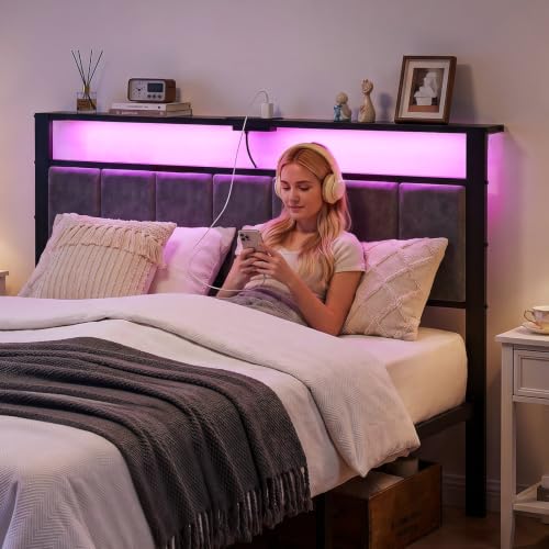 Full Size Bed Frame with Upholstered Headboard and 2 Storage Drawers | Metal Platform Bed, Smart LED Lights, Charging Station, Noise Free, No Box Spring Needed, Easy Assembly - size: Full