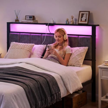 Full Size Bed Frame with Upholstered Headboard and 2 Storage Drawers | Metal Platform Bed, Smart LED Lights, Charging Station, Noise Free, No Box Spring Needed, Easy Assembly - size: Full