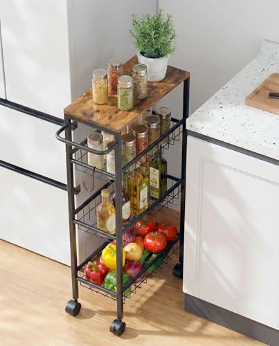 Rolling Utility Cart, 4-Tier Slim Narrow Storage Cart with Wheels for Kitchen, Laundry Room Organization, Metal Bathroom Organizer with Wood Top, Brown, 17.3" x 7.9" x 32.6"