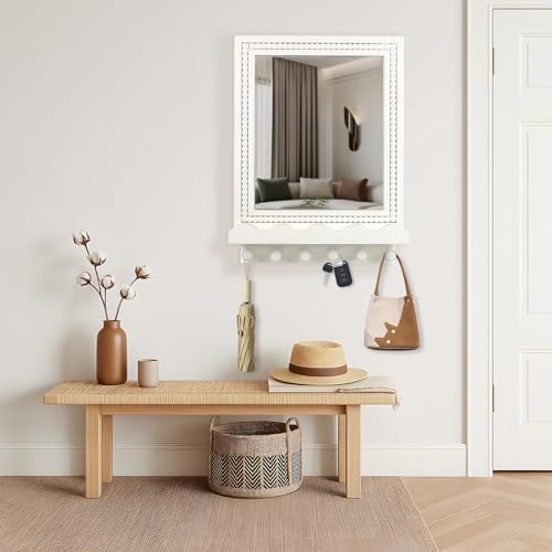 Tirzah 16x12 Inch Wall Mount Beaded Wood Framed Mirror with Shelf and 6 Hooks, White Decorative Entryway Mirror with Storage for Laundry Room, Bathroom, Bedroom - color: White