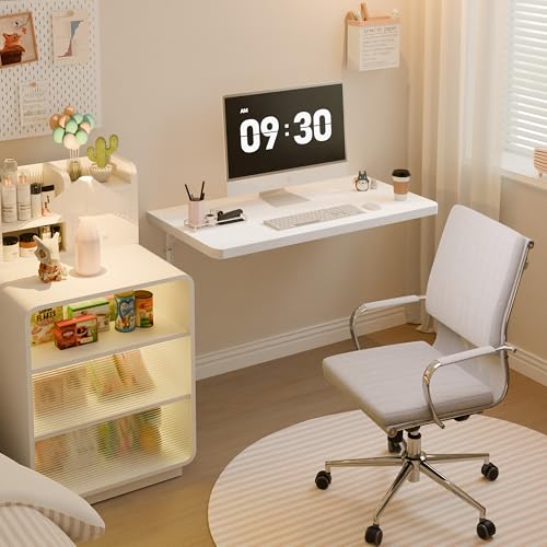 Dogsky 24" x 14" Floating Wall Desk, Fold Down Wall Table - 100 lbs Heavy Duty Solid Pine Wall Mount Folding Desk for Home Office, Laundry Room, Kitchen & Small Apartment, White - color: White, size: 24'' x 13.7'' x 6.3''