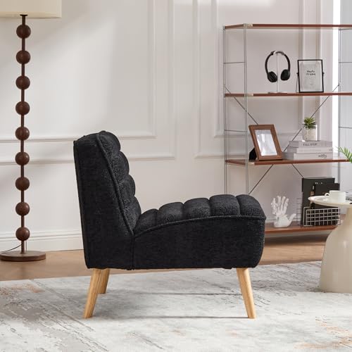 24.4" Modern Armless Accent Chair, Upholstered Soft Chenille with Natural Rubber Wood Legs, Comfy Reading Chairs for Small Spaces, Living Room, Bedroom, Office (Black, Chenille) - color: Black