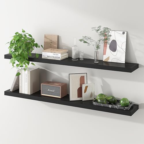 SAUMONIERES 48 Inch Floating Wall Shelves for Bedroom Bathroom Wall Mounted Solid Wood Shelf Storage Decor Set of 2, Black Floating Shelves - color: Black, size: 48 Inch-2 shelves