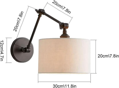 Black Bedside Wall Lamp with White Fabric Drum Shade, Modern Swing Arm Wall Sconce, Adjustable Wall Lighting Fixtures, Hardwired Wall Mounted Reading Light for Bedroom Living Room Hallway