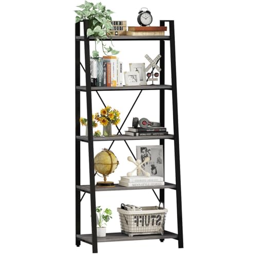 5-Tier Ladder Shelf, Industrial Leaning Bookcase, Wood and Metal Ladder Bookshelf for Living Room, Bedroom, Kitchen, Home Office (Grey Oak) - color: Grey Oak, size: 5-Tier