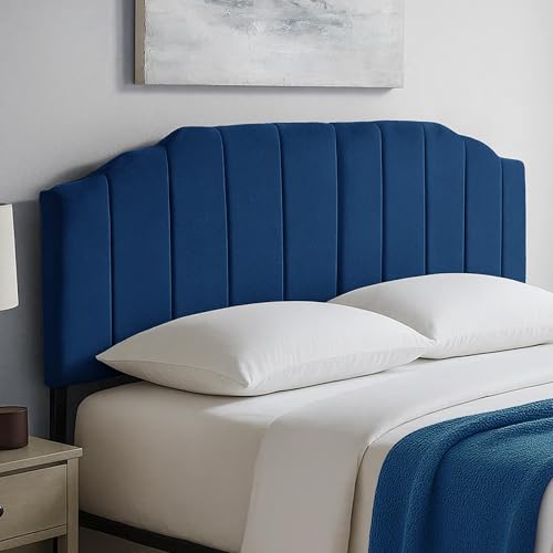 Upholstered Headboard Adjustable Height Queen/King Headboard Cream Velvet Tufted Modern Vertical Channel Design with Stepped Silhouette Top Edge(Blue Queen) - color: Blue, size: Queen