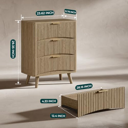 Evermagin 29" Tall Fluted Nightstand Set of 2 with 3 Drawers | Oak Night Stand,Wooden Bedside Table, Mid Century Modern Side Table for Bedroom, livingroom - color: Oak, size: 13.78"D x 23.62"W x 29.35"H (3 Drawers)