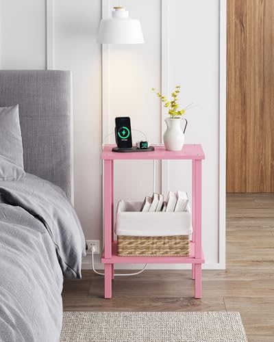 TUTOTAK End Table with Charging Station, Side Table Set of 2, Nightstand | 2-Tier Storage Shelf, Bedside Table with USB Ports, Sofa Table for Small Space, Livingroom, Bedroom Pink TB01BP041 - color: Pink