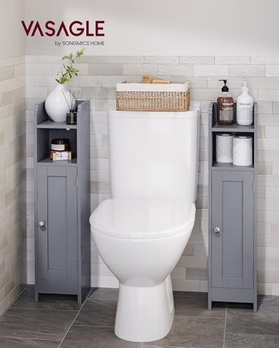 VASAGLE Small Storage Corner Floor Cabinet with Door,Dove Gray | Narrow Toilet Paper Storage Holder, 7.1 x 7.5 x 31.5 Inches, Adjustable Shelves, SIREN Collection UBBC310P36 - color: Dove Gray, style: 1door+1open compartment (31.5"H)