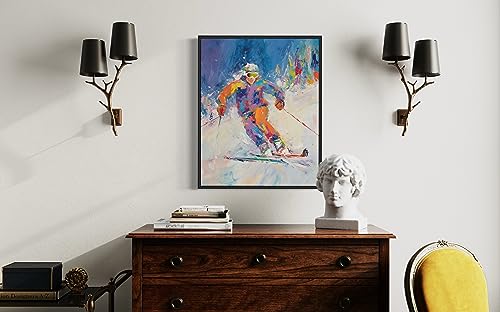 HomeArtPrint Skiing Art Print Poster, Wall Art Painting Decor. Paint Splash Style Artwork. (Skiing, 11x14 inches + (Black Frame)) - color: Skiing, size: 14"L x 11"W