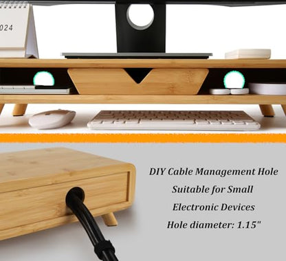 Homerays Bamboo Monitor Stand Riser, No Assembly Required Exquisite Monitor Stand with Drawer Ergonomic Height Wood Monitor Stand - color: BAMBOO