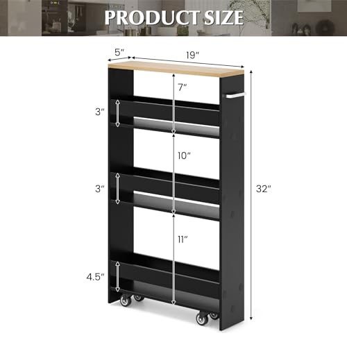 Slim Storage Cart, 4-Tier Rolling Cart with Handle & Wooden Top for Kitchen Bathroom Laundry Living Room Narrow Small Spaces, 5 Inches Width (Black & Natural) - color: Black & Natural
