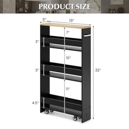 Slim Storage Cart, 4-Tier Rolling Cart with Handle & Wooden Top for Kitchen Bathroom Laundry Living Room Narrow Small Spaces, 5 Inches Width (Black & Natural) - color: Black & Natural