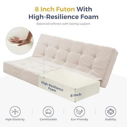 MAXYOYO Foldable Mattress, 8-Inch Tufted Futon Mattress with Handles | Tufted Floor Sofa Bed and Versatile Mattress, Carry Handles for Living Rooms or Guest Rooms, Frame Not Included, Beige - color: Beige