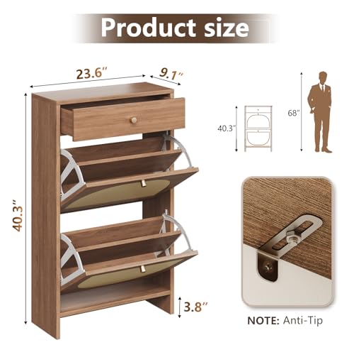 Shoe Storage Cabinet for Entryway, Slim Shoe Rack with 2 Flip Drawers and Top Storage Drawer, Narrow Shoe Organizer with Arched Rattan Accent, Entryway Shoe Storage for Size 13.5 Shoes, Caramel