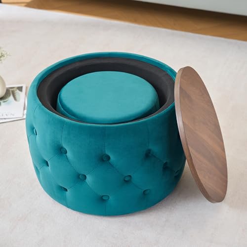 23" Velvet-Upholstered Accent Side Table, Modern Nesting Side Tables with Hidden Storage, Space-Saving Nesting Coffee Table Set with Wood Tray for Living Spaces, Blue - color: Blue