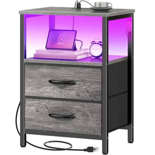 Huuger Night Stand with Charger Station and LED Lights, 2 Drawer Nightstand | Bed Side Table with Open ShelfEnd TableFabric Drawers for Bedroom, Grey - color: Grey, size: 11.8"D x 15.7"W x 23.6"H（2 Drawers）