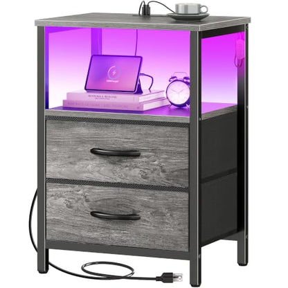 Huuger Night Stand with Charger Station and LED Lights, 2 Drawer Nightstand | Bed Side Table with Open ShelfEnd TableFabric Drawers for Bedroom, Grey - color: Grey, size: 11.8"D x 15.7"W x 23.6"H（2 Drawers）