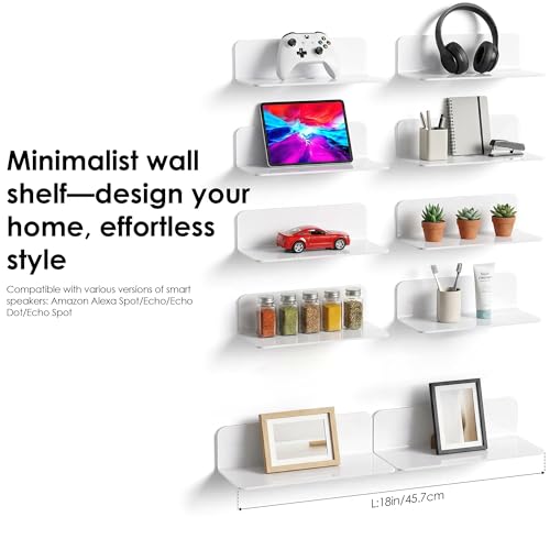 OAPRIRE Acrylic Floating Wall Shelves White, No Drill, 9 Inch 2 Pack | Strong Tape Adhesive Wall Shelf, Easy Installation, Hole Design with Cable Clips, Small Spaces Bedroom Bathroom Living Room - color: White