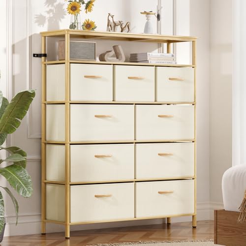 9 Drawer Fabric Dresser, Bamboo Fabric Drawer Dresser, Large Capacity Storage, for Bedroom and Living Room - size: 11.8"D x 39.6"W x 40.2"H (9 Drawers)
