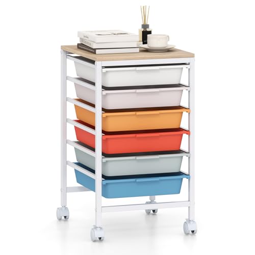 RELAX4LIFE 6-Drawer Rolling Storage Cart - Mobile Art Supply Craft Organizer on Wheels w/Wooden Tabletop & Metal Frame, Utility Storage Cart for Home Living Room Office Classroom (Macaron, 22.5”H) - color: Macaron, size: 22.5”H