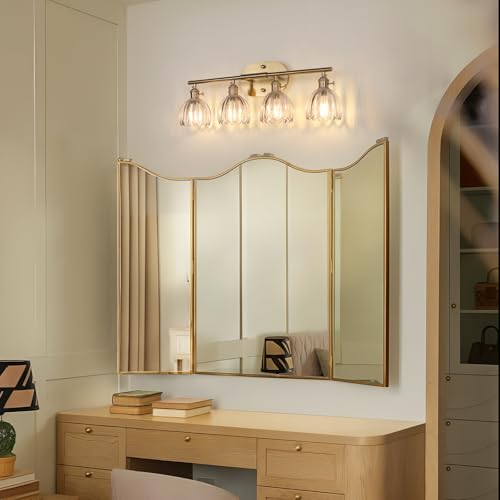 Shenmoyl Bathroom Light Fixtures, 4-Light Brass Vanity wall Light Over Mirror with Clear Tulip Glass Shade for Bedroom Living Room (Bulb Not Included) - color: Yellow Gold Base-Clear, size: 4-light
