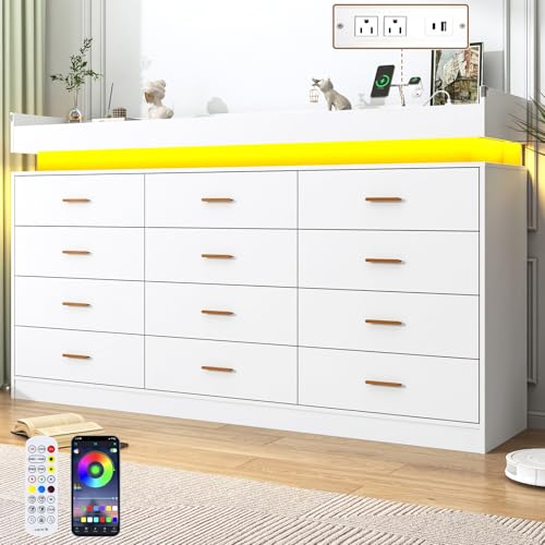 jiteentarou 12 Drawer Dresser with Charging Station and LED Lights, Modern Chest of Drawers with Power Outlet, Organizer Cabinet for Bedroom, Living Room, Entryway, White - color: White, size: 18.1"D x 70"W x 45.7"H (12 Drawers)