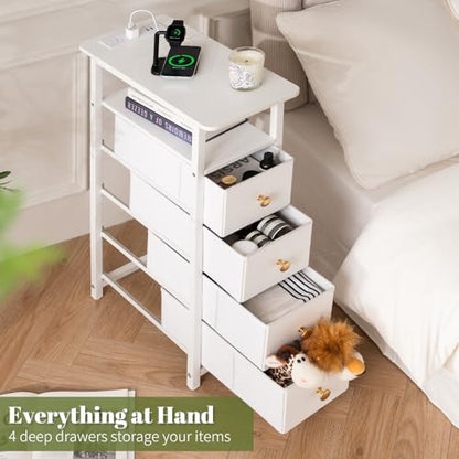 Yoobure LED Narrow Nightstand with Charging Station - Slim Dresser for Bedroom Narrow Side Table Storage Cabinet, Small Dressers Chest of Drawers, Tall Night Stand End Table for Small Spaces, White - color: White