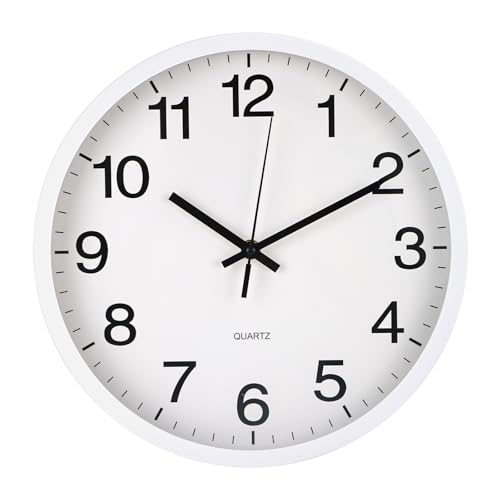 Wall Clock Non-Ticking Silent Quartz Movement Decor Clock Modern Simple Style Round Plastic Wall Clocks for Home/Office/School/Living Room/Bedroom/Kitchen (White, 12 Inch) - color: White