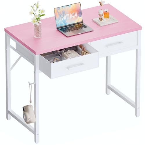 Pamray 32 Inch Small Computer Desk with 2 Drawers for Bedroom Study Writing Home Office Table for Small Spaces Pink - color: Pink, size: 32 Inch