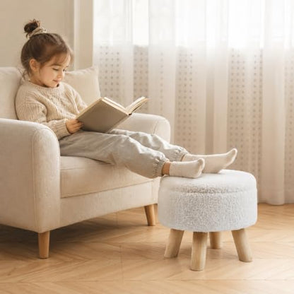 Simple Deluxe 13" Round Storage Ottoman with Wooden Legs & Dual-Use Tray Lid, Fluffy Teddy Boucle Ottoman Footstool for Bedroom, Living Room & Vanity, Beige - color: Beige