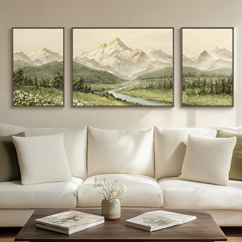 Large Framed Mountain Wall Art for Living Room, 3 Piece Modern Green Landscape Canvas Artworks, Forest River Nature Scenery Painting Prints for Bedroom Entryway Hallway Home Office Wall Decor - color: Green Beige, size: 32" W x 24" H x 1 Pcs + 16" W x 24"