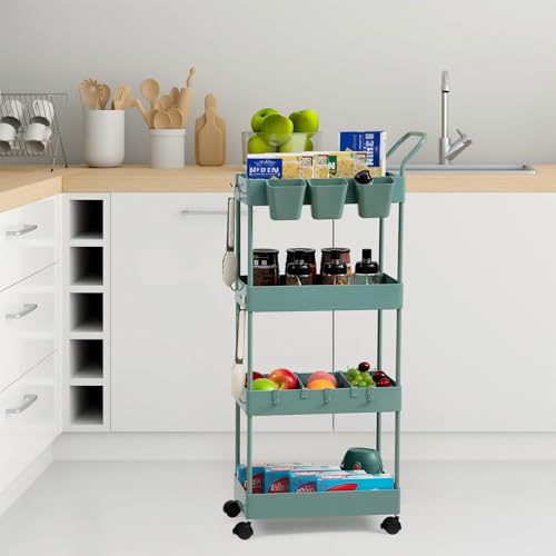 Slim Storage Cart on Wheels, 4 Tier Narrow Laundry Cart with Hooks Hanging Cups Dividers Mobile Rolling Lash Cart with Handle for Bathroom Small Spaces, Green - style: 4 Tier Green