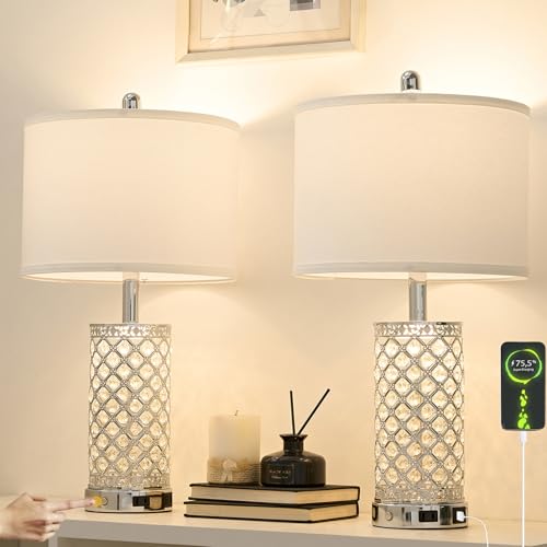 SAIWEYA 24in Crystal Table Lamp Bedroom Lamps for Night Stand Bedside | 3-Way Dimmable Touch with Night Ligh, 2 USB Ports + AC Outlet, White Fabric Shade, LED Bulb Included - color: Silver-1 Pack 24In
