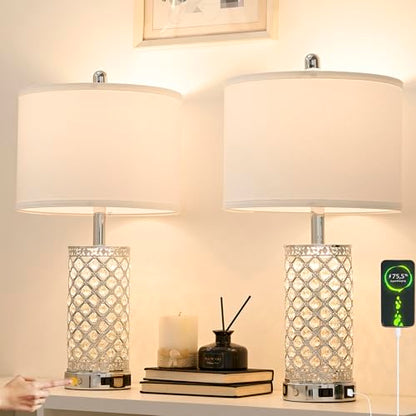 SAIWEYA 24in Crystal Table Lamp Bedroom Lamps for Night Stand Bedside | 3-Way Dimmable Touch with Night Ligh, 2 USB Ports + AC Outlet, White Fabric Shade, LED Bulb Included - color: Silver-1 Pack 24In